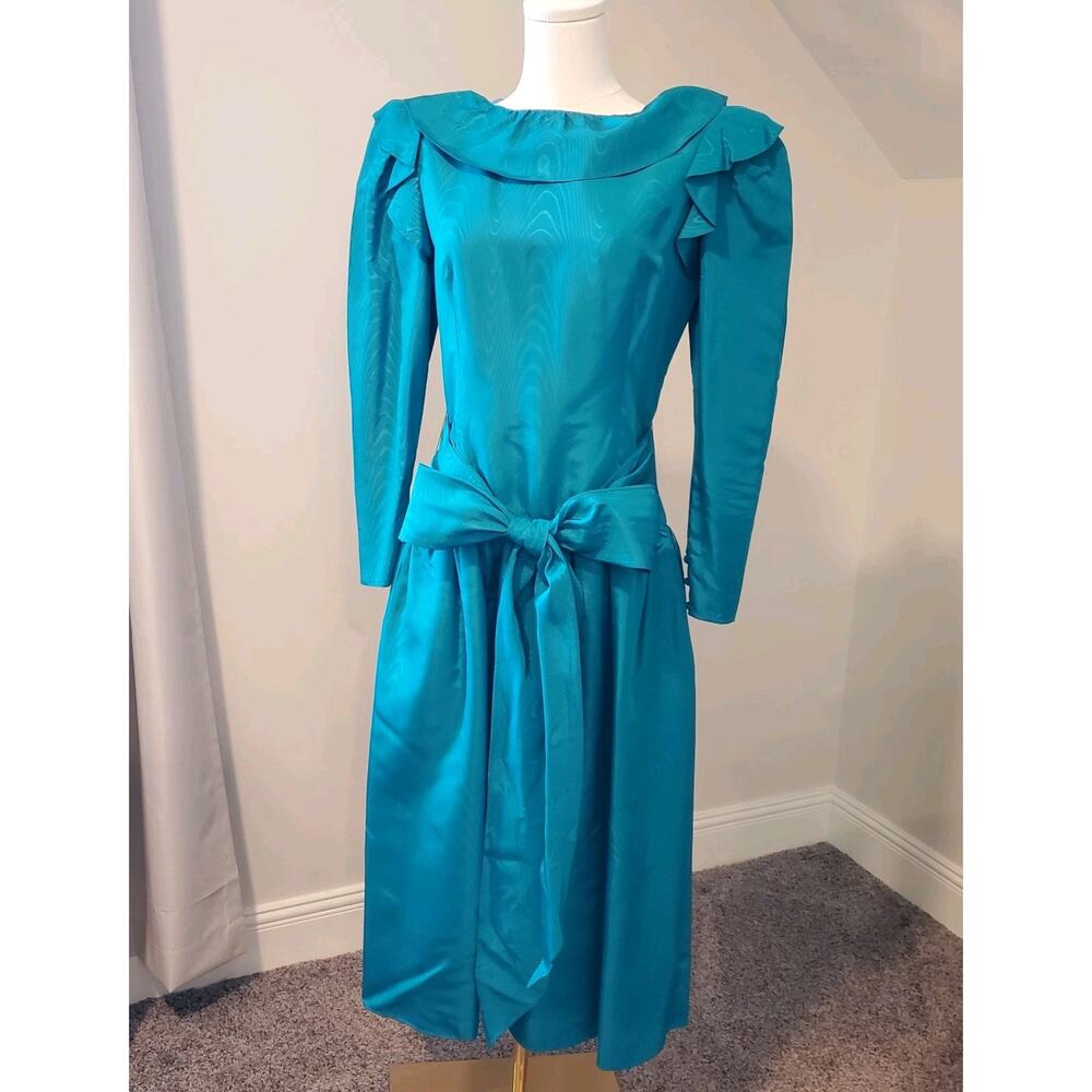 Halston III Dress Vintage Teal Blue Formal Midi Drop Waist Wide Sash Textured LN